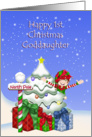 Happy 1st Christmas Goddaughter, Elf w/Christmas tree at North Pole card