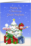 1st Christmas Great Nephew, Elf with Christmas tree card