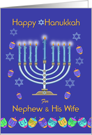 Happy Hanukkah Nephew & His Wife, Menorah & Dreidels card