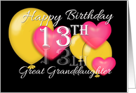Great Granddaughter 13th Birthday Balloons and Hearts card