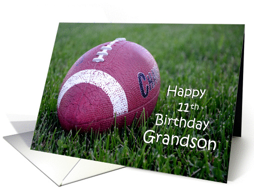 Happy 11th Birthday Grandson, football in grass card (1231912)