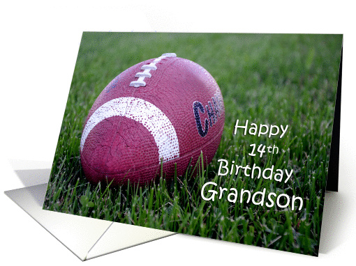 Happy 14th Birthday Grandson, football in grass card (1231916)