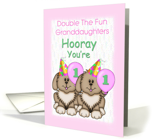 Granddaughters Twin 1st Birthday Puppies Hats Balloons card (1262230)
