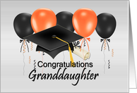 Graduation Congratulations Granddaughter, grad hat, balloons, orange card