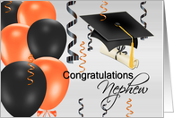 Congratulations Nephew, grad hat, balloons, streamers, degree card