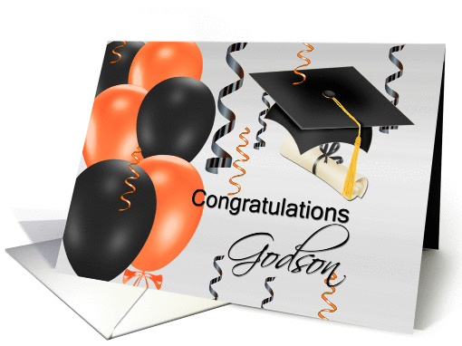 Congratulations Godson, grad hat, balloons, streamers, degree card