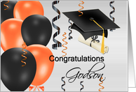 Congratulations Godson, grad hat, balloons, streamers, degree card