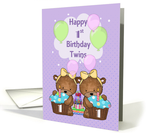 Happy 1st Birthday Twins, Bears, Cupcakes, Balloons on Purple card