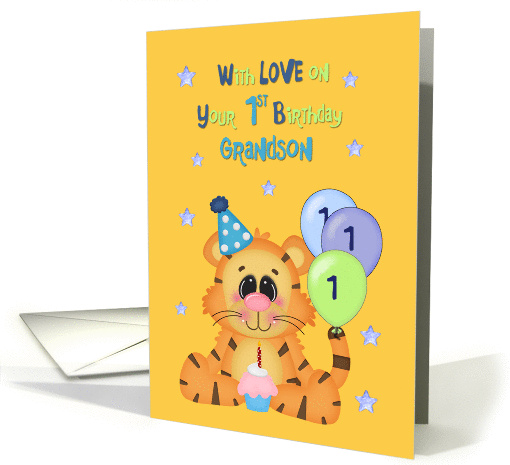 1st Birthday Grandson, Tiger and balloons card (1316580)