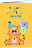 1st Birthday Grandson, Tiger and balloons card