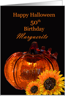 Happy 50th Halloween Birthday, Marguerite, pumpkin, sunflowers card