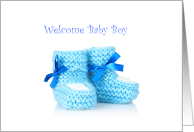 Welcome Baby Boy, Blue Crochet Booties card
