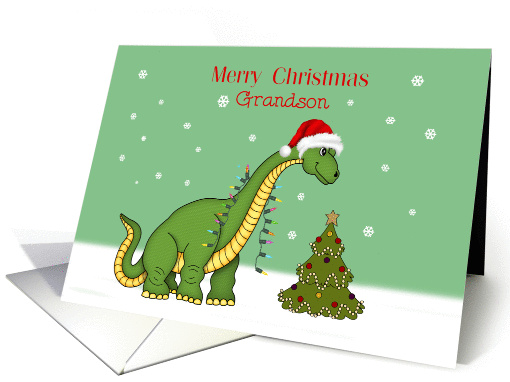 Merry Christmas Grandson, Green Dinosaur with Santa Hat card (1411610)