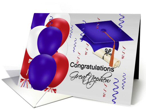 Congratulations Great Nephew, grad hat, balloons, degree card