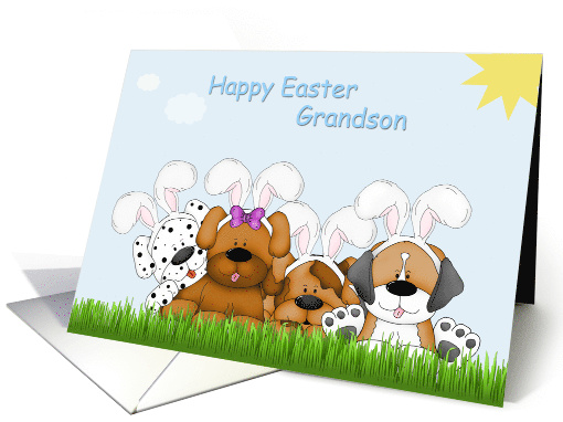 Happy Easter, Grandson, Dog Bunnies, Grass card (1518462)