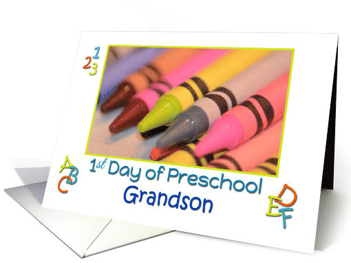 1st Day of Preschool, Grandson, crayons in center and ABC's card