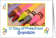 1st Day of Preschool, Grandson, crayons in center and ABC’s card
