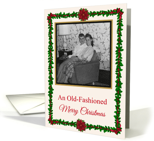Old-Fashioned Merry Christmas, Holly and Berries, BW Photo card