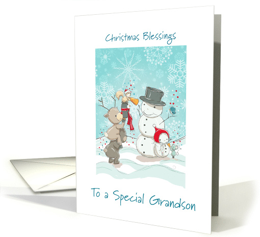 Christmas Blessings to a Special Grandson, snowmen, bears, mice card