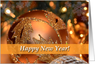 New Year Gold Ornament with Lights and Snowflakes card