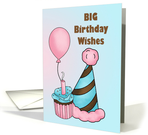 Big Birthday Wishes with Cupcake Party Hat and Balloon card (1822878)