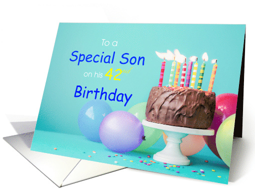 Son Birthday with Chocolate Cake and Candles and Balloons card