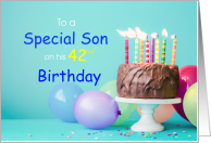Son Birthday with Chocolate Cake and Candles and Balloons card