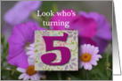 Look who’s turning 5, pink flowers blocked with the numberical 5 card