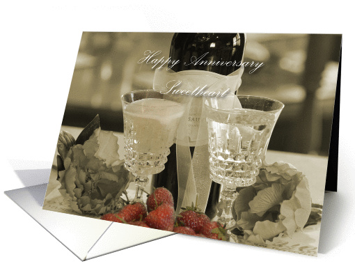 Happy Anniversary Sweetheart, wine glasses, strawberries, wine card