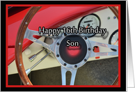 Happy 16th Birthday Son, red car steering wheel card