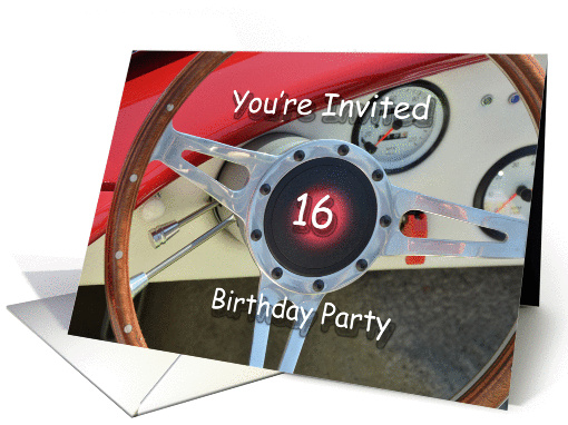 You're Invited, 16 Birthday Party, red car's steering wheel card