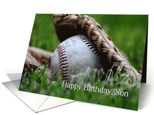 Happy Birthday, Son, worn softball in glove in grass card (855852)