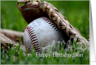 Happy Birthday, Son, worn softball in glove in grass card
