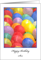 Happy Birthday Son, watercolor photo of balloons framed in blue on a white card