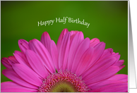 Happy Half Birthday, half pink gerber daisy with green background card