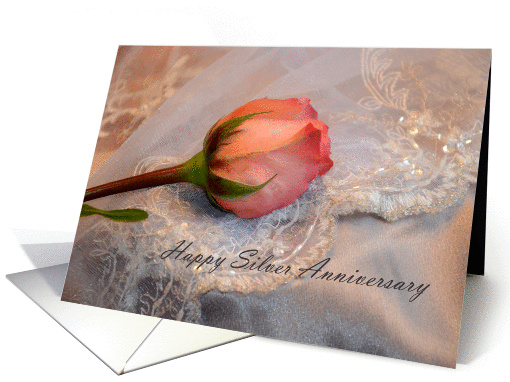 Happy Silver Anniversary, pink rose on silver fabric card (868840)