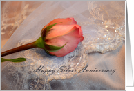 Happy Silver Anniversary, pink rose on silver fabric card