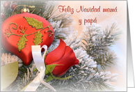 Feliz Navidad Mama y papa, red rose and ornament card