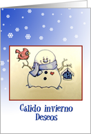 Calido invierno Deseos, Snowman with cardinal and house card