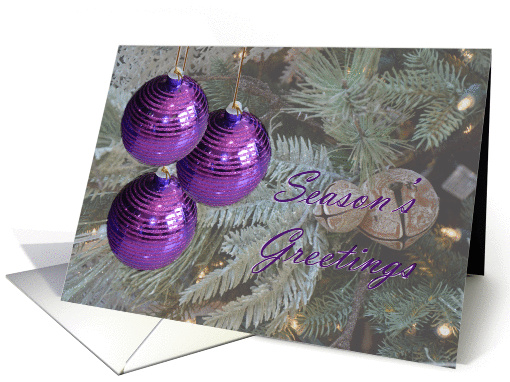 Season's Greetings Ornaments, Three Purple Ornaments on a tree card