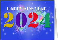 2024 Happy New Year blue background with colorful 2024 card