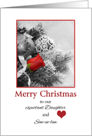 Merry Christmas Expectant Daughter and Son-in-law, red rose & ornament card