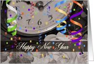 New Year’s, Clock, confetti, streamers, clock card