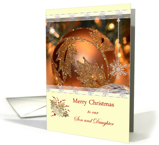 Merry Christmas Son and Daughter, ornaments, lights, snowflakes card