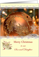Merry Christmas Son and Daughter, ornaments, lights, snowflakes card