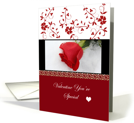 Valentine Friend You're Special, red rose with red and white back card