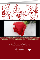 Valentine Friend You’re Special, red rose with red and white back card