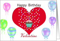 Red Heart Valentine Birthday, balloons, red heart, cupcake, confetti card