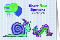 Happy 3rd Birthday Grandson Bugs, Snail, Inch worm and balloons card