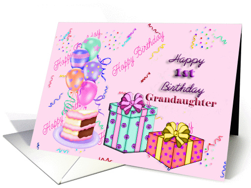 Granddaughter 1st Birthday, cake, gifts, balloons card (901803)